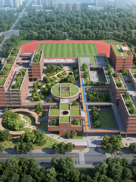 学校日景鸟瞰效果图| 红砖材质