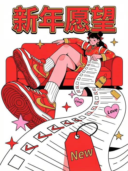潮流扁平线条插画新年海报