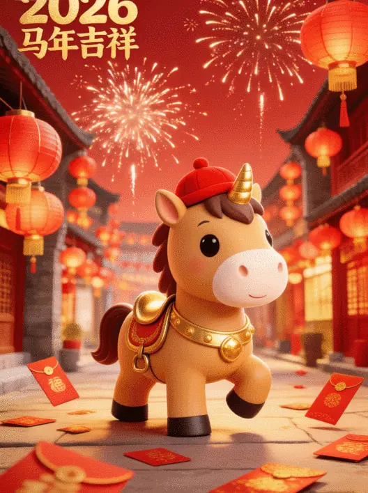Qwen千问_马年新年快乐马年大吉吉祥如意喜庆场景3D渲染IP马卡通